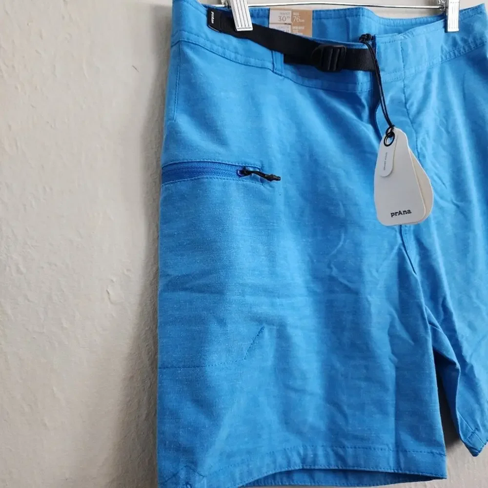 NWT prAna Rock Shock Boardshorts Tide Pool Blue Zion Cinch Waist Men’s Size 30